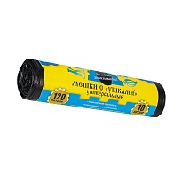 Мешки для мусора 120 л, с ушками, черные, в рулоне 10 шт., ПНД, 13 мкм, 1050х680 мм, Крепакоф, 4607075710436 в Красноярске