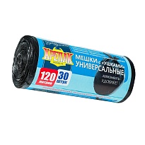 Мешки для мусора 120 л, с ушками, черные, в рулоне 30 шт., ПНД, 15 мкм, 1100х700 мм, Крепак, 4607075710375 в Красноярске