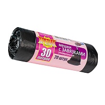 Мешки для мусора 30 л, с завязками, черные, в рулоне 20 шт., ПНД, 12 мкм, 580х500 мм, Крепак, 4607075710306 в Красноярске